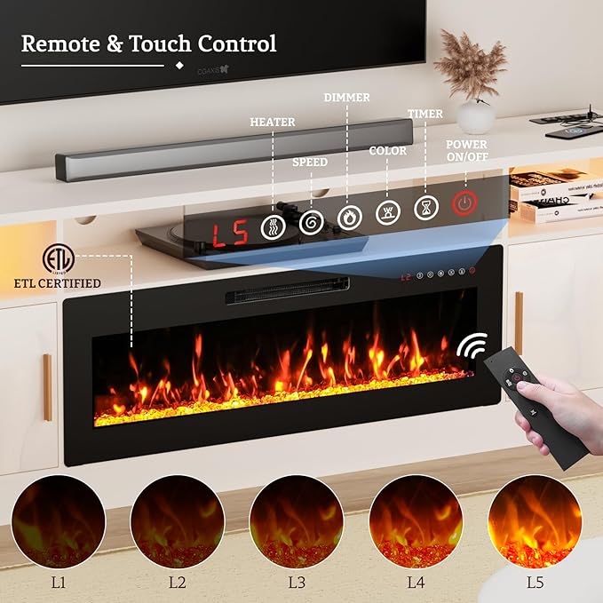 80'' TV Stand with 42'' Fireplace-LED Light Entertainment Center for 90 inch TV-White TV Cabinet with Storage, Modern TV Console for Living Room