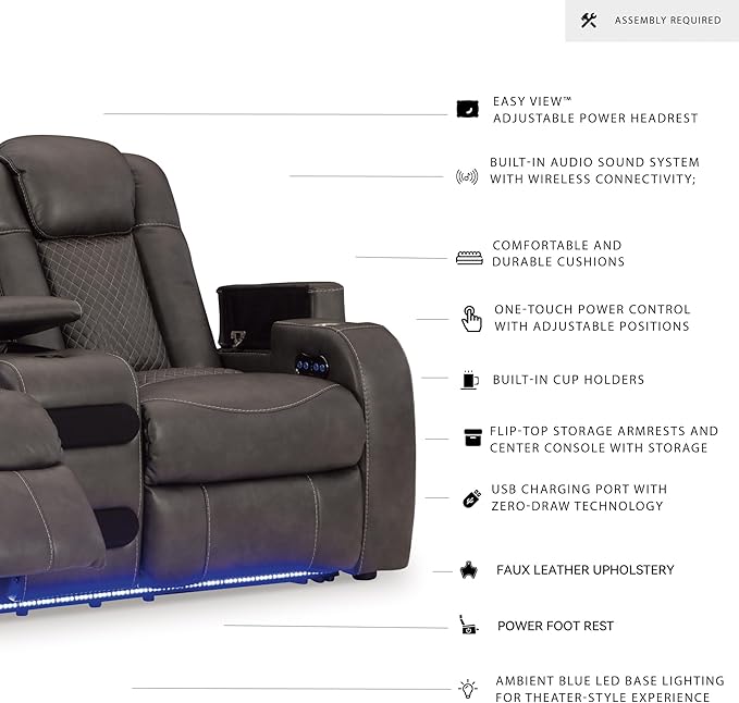 Signature Design by Ashley Fyne-Dyme Contemporary Power Reclining Loveseat with Console, USB Charging Ports and Adjustable Headrest, Gray