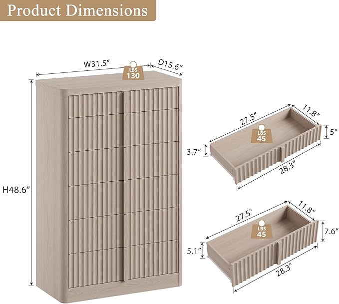 Fluted Dresser for Bedroom, 48" Tall 6 Drawer Dresser, Modern Chest of Drawers with Solid Wood Handle, Curved Profile Design, Wood Dressers Storage Organizer, Living Room, Hallway, Natural Oak