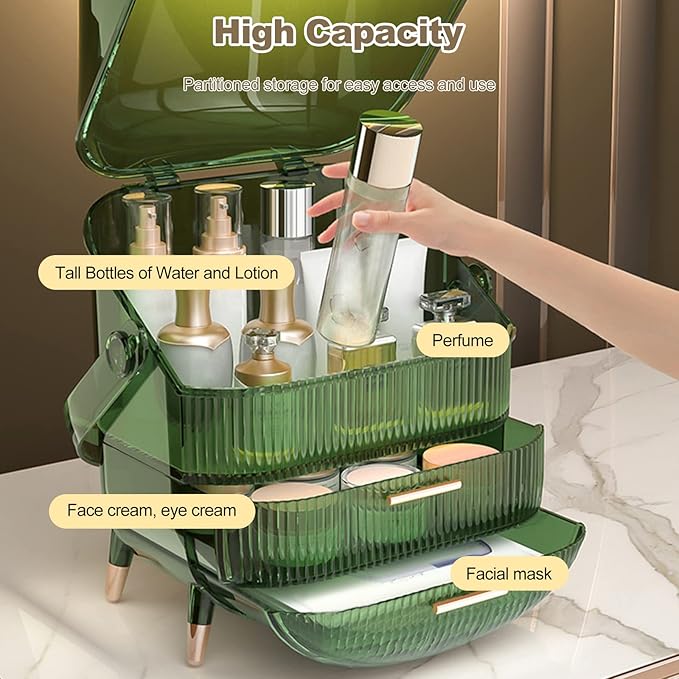 Ergocar Portable Retro Series Multi-Function Make Up Case Dustproof Cosmetic Storage Box, Skin Care Products Jewelry Organizer Finishing Box Bathroom Desktop - Retro Green