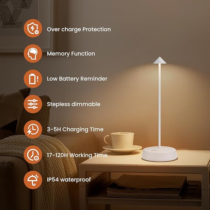 Cordless Table Lamp Rechargeable, Battery Operated 6000mAh Desk Lamp Touch Dimmable Lamp Outdoor Waterproof Portable Wireless Table Light, Small Table Lamp for Restaurant Bar/Outdoor (White)
