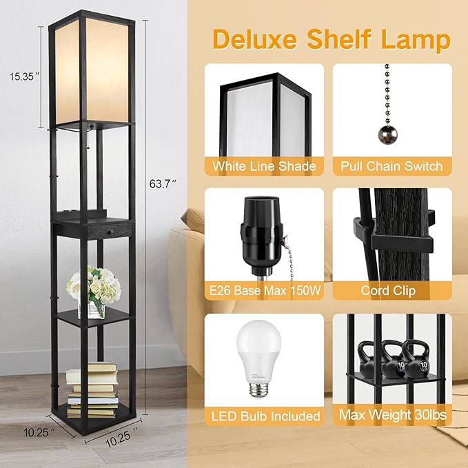 OUTON Floor Lamp with Shelves, 1 Drawer, 2 USB-C Ports, 2 AC Outlets, LED Modern Floor Lamp with 3 Color Temperature, Storage Display Wood Standing Lamp for Living Room, Bedroom, Office (Black)