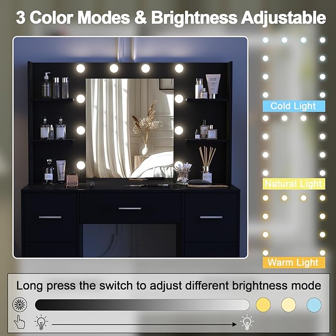 Vanity Desk with Mirror and Lights, Large Makeup Vanity Table Set with Drawers, Black Vanity with Lighted Mirror for Bedroom, Dressing Table for Teen Girls and Adult Women