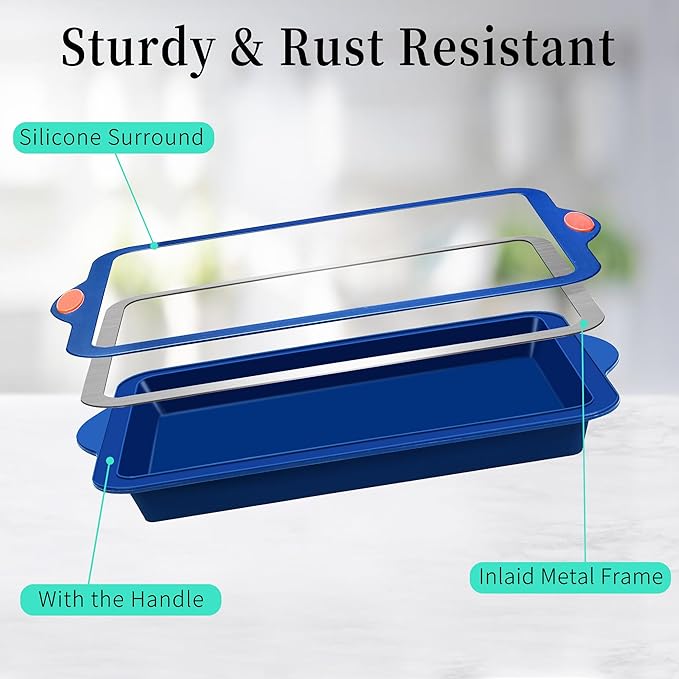 To encounter Silicone Baking Pans Set, 4 Pieces Nonstick Bakeware Set with Baking Pans, Baking Sheets, Cookie Sheets, Cake Pan with Grips and Metal Reinforced Frame More Strength, Navy Blue