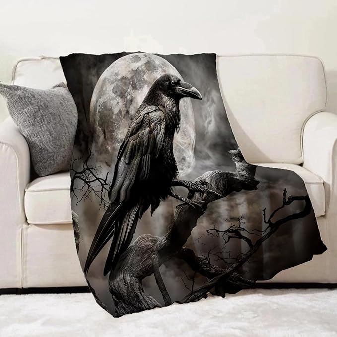 Gothic Blanket Gifts for Adults and Kids Raven and Moon Halloween Throw Blankets for Bed Room Couch Soft Lightweight Warm Cozy Throws Decor 60x80in