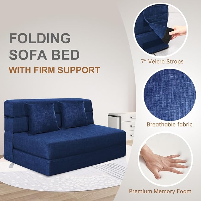 60 Inch Folding Sofa Couch Memory Foam with Pillow Convertible Sleeper Mattress Futon Lazy for Living Room，Washable Cover，Queen Size，Dark Blue