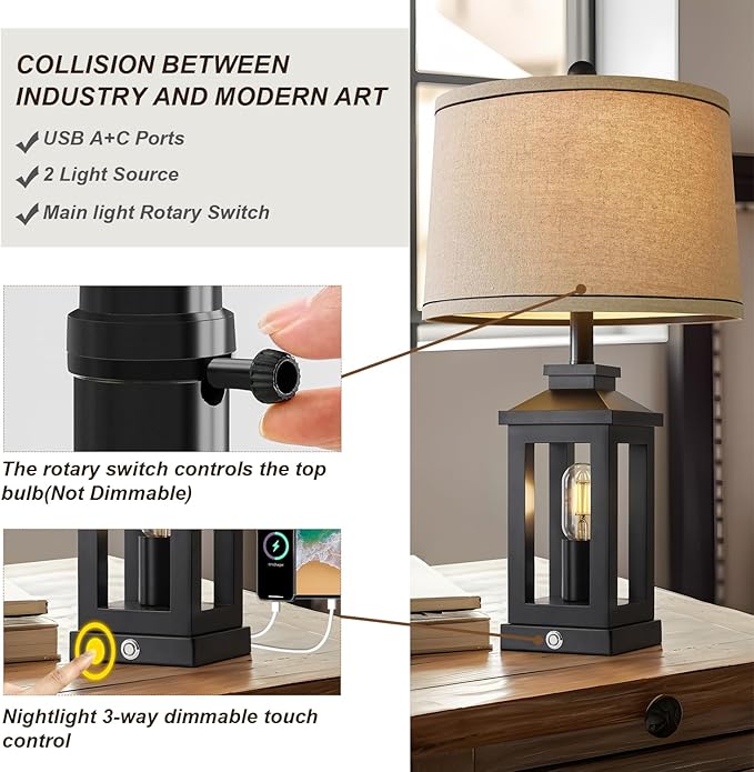 23.75" Retro Farmhouse Black Table Lamp for Living Room Bedroom Nightstand Single Pack Touch Control Bedside Nightlight Vintage Modern Lamp with USB C+A Ports and 2 Light Sources
