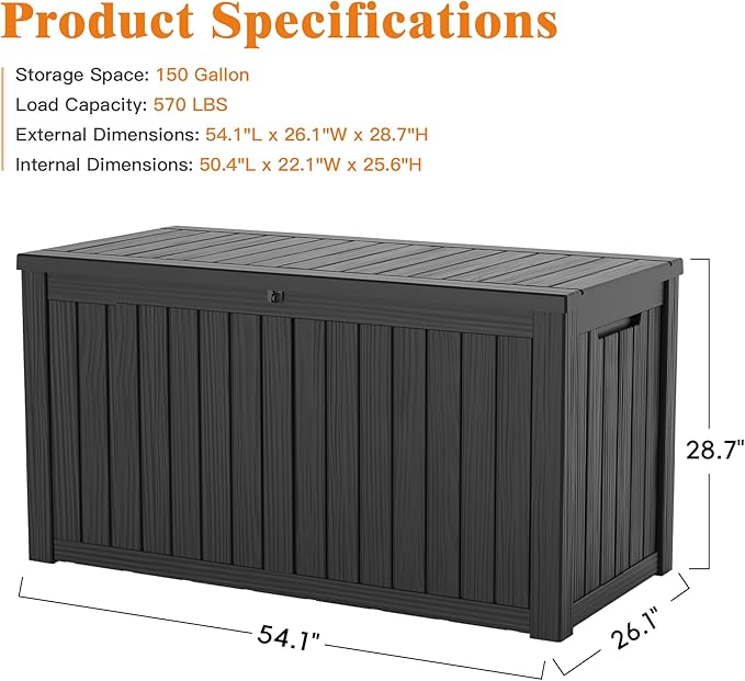150 Gallon Outdoor Storage Box Waterproof Deck Box for Garden Tools, Lockable Storage Box for Patio Cushion Outside Package Delivery Box