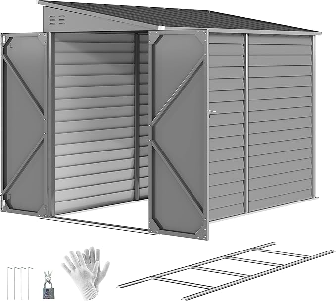 Outsunny 4.6' x 9' Steel Outdoor Storage Shed, Lean to Shed, Metal Tool House with Foundation Kit, Lockable Doors, Gloves and 2 Air Vents for Backyard, Patio, Lawn, Gray