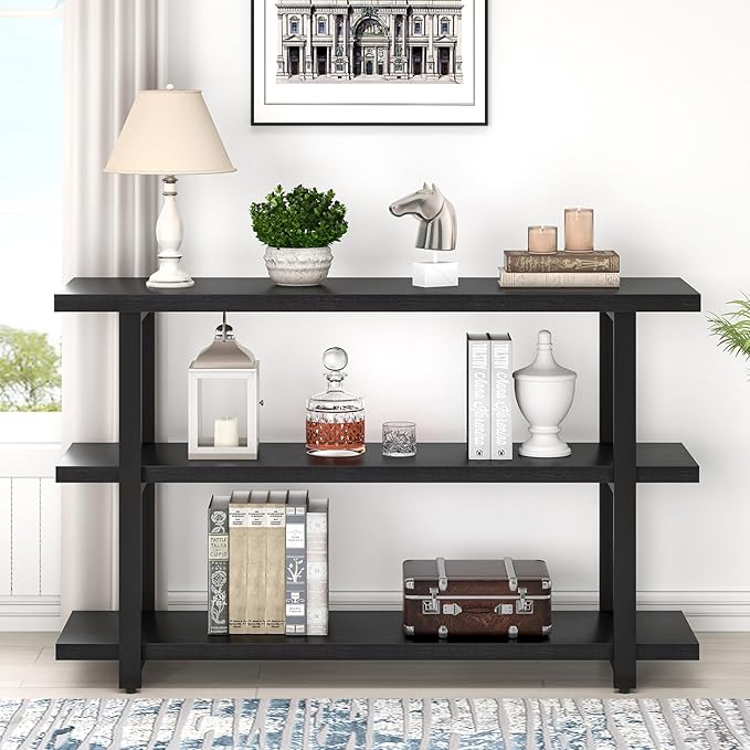 FOLUBAN Black Entryway Table, Modern Console Tables with 3 Tier Storage Shelves for Living Room, Wood and Metal Sofa Table for Hallway, Entrance, or Behind Couch, 47 Inch