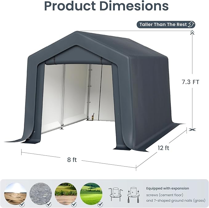 PHI VILLA 8'x12'x7.3' Outdoor Portable Storage Shelter Shed Garage with 2 Roll up Zipper Doors & Vents Carport for Motorcycle Bike Waterproof and UV Resistant Anti-Snow Portable Garage Kit Tent, Gray