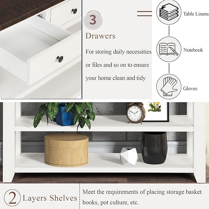 Solid Wood Console Table,Sofa Table with Storage Drawers and Bottom Shelf,Entryway Table for Entry Hallway Foyer Sofa Couch Table,Fully Assembled (48.8" Antique White)