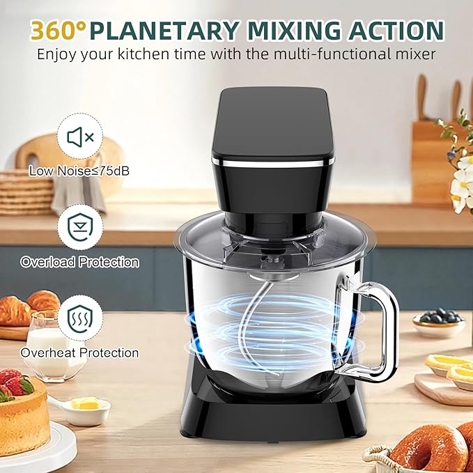 Stand Mixer, 6QT 10+P Speed Tilt-Head Kitchen Electric Mixer, Food Mixer with Stainless Steel Bowl, Dough Hook, Flat Beater, Wire Whisk, Splash Guard for Daily Use - Black
