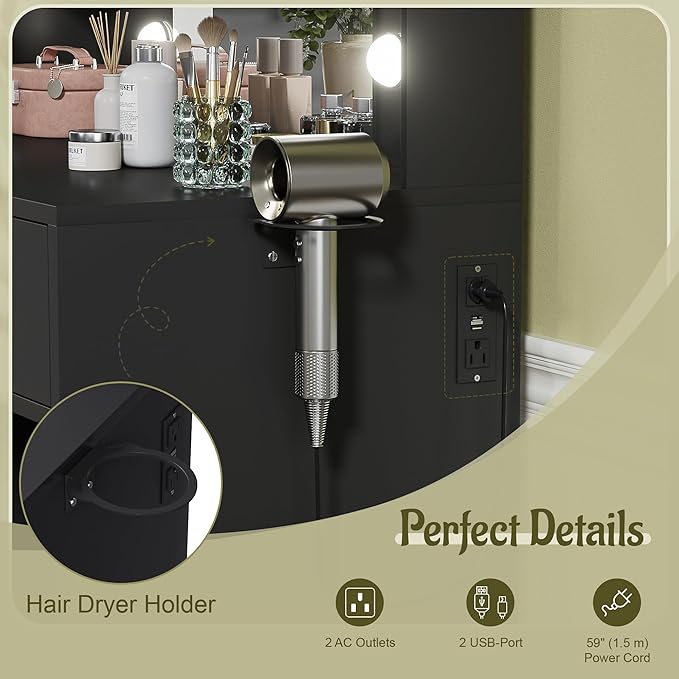 YESHOMY Vanity Desk with Mirror, Makeup Table with 2 Large Drawers, Power Outlet and Round Holder, 3 Color Modes Adjustable Bulb, Pure Black