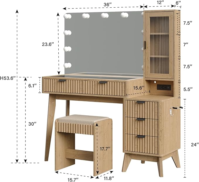 Vanity Desk with Mirror and Lights, 11 LED Lights Fluted Makeup Vanity Desk, 48" Big Modern Vanity Desk with 5 Drawers and Storage Shelves & Power Outlet, Glass Top for Bedroom, Oak
