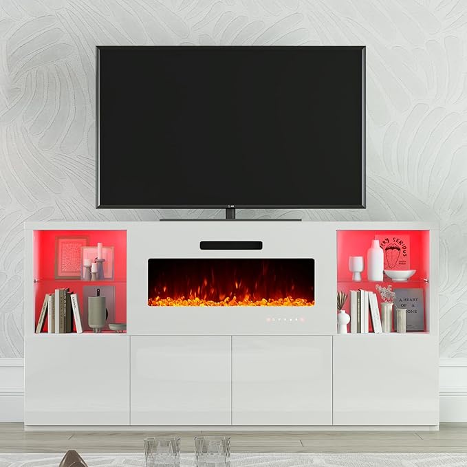 68" Modern Fireplace TV Stand for TVs up to 75", High Gloss Entertainment Center with 40" Fireplace, 4 Shelves & Storage Cabinets, Media Console Table, All Gloss White