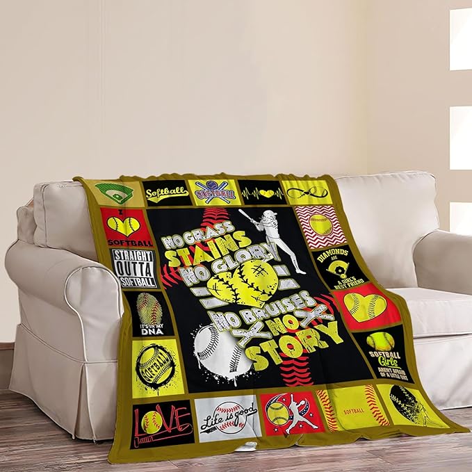 Softball Decor Throw Blankets - Cozy Fleece Flannel Blanket, Warm Plush Lightweight Bedding, 40"X50" for Couch, Sofa, Bed - Gifts for Girls, Women, Boys, Teens, Kids