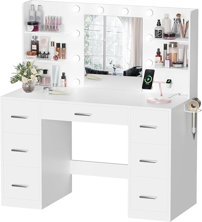 YESHOMY Vanity Desk with Mirror, Power Outlet and 10 Lights, Makeup Table with 7 Drawers, 3 Color Modes Available for Bedroom, Light White