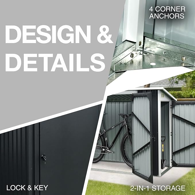 Hanover 2-in-1 Multi-Use Outdoor Storage Shed, Separated Storage Compartments, 2-Point Locking System, Galvanized Steel, 156-Cu. Ft. Capacity, 3.6 x 8 x 5.75-Ft., Dark Gray