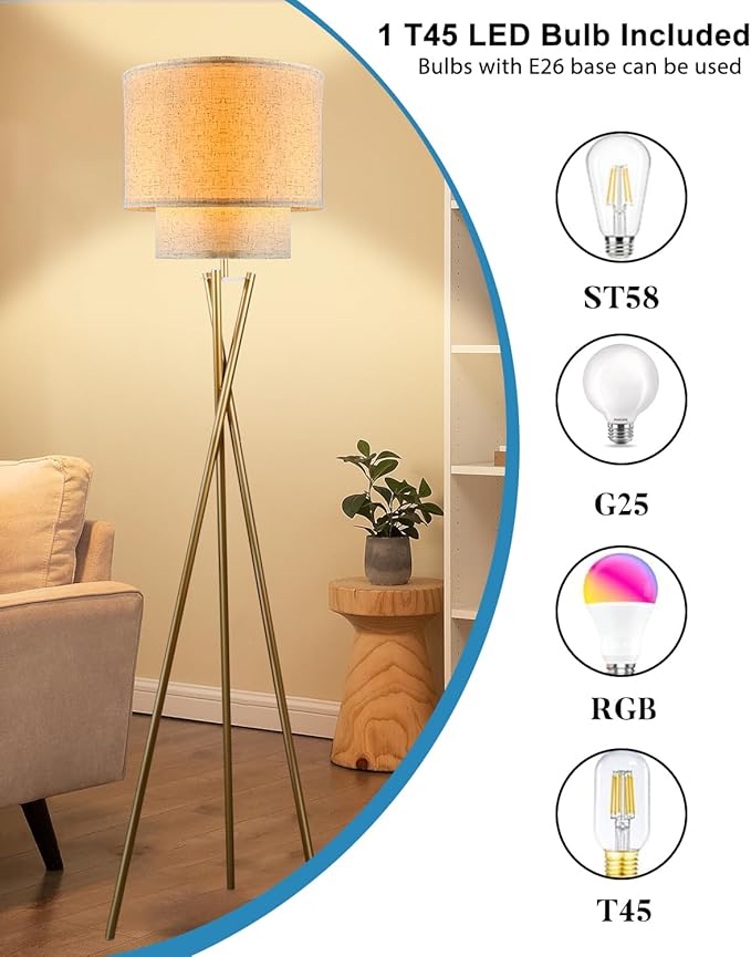 Lightdot Glod Tripod Floor Lamp, Modern Floor Lamps for Living Room, Standing Lamp with Dual Drum, E26 Bulb Included, 67.7" Tall Floor Lamp for Bedroom, Home Office