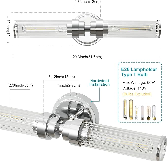 Bathroom Light Fixtures, Chrome Wall Sconce in Threaded Glass Indoor Vanity Lights, Modern Bathroom Vanity Light Up and Down Sconces Wall Lighting for Bathroom, Living Room - Bulb Not Included