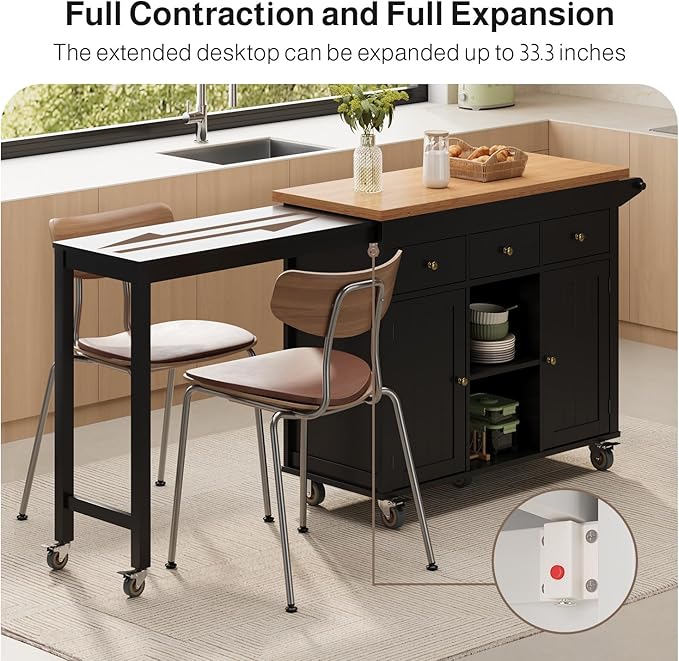 Ahomly Kitchen Island with Extendable Table for 2, 79.06" Extendable Kitchen Island Cart on Wheels with Storage Cabinet & 2 Open Shelves, Island Table for Kitchen with 3 Drawers, Black