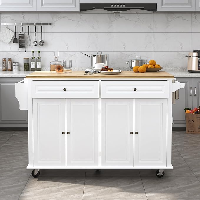 59" Kitchen Cart with Wood Top and Drop Leaf Breakfast Bar, Rolling Mobile Kitchen Island Table on Wheels with Drawer and Storage Cabinet, Spice Rack, Towel Rack, White
