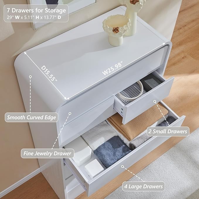 Modern 7 Drawers Dresser for Bedroom, 55" Tall Dressers & Chest of Drawers w/Curved Profile Design, Wood Mid Century Vertical Storage Dressers Organizer for Bedroom, Living Room, White
