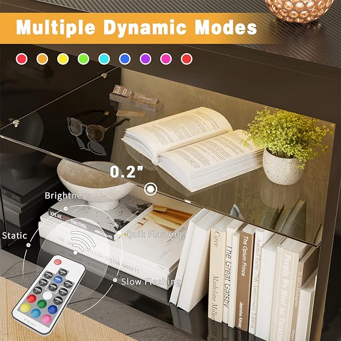 YESHOMY Modern LED TV Stand for Televisions up to 65+ Inch with Glass Shelves and Drawer, Gaming Entertainment Center with Multiple Dynamic RGB Modes, for Livingroom, Bedroom, 55 Inch, Dark Black