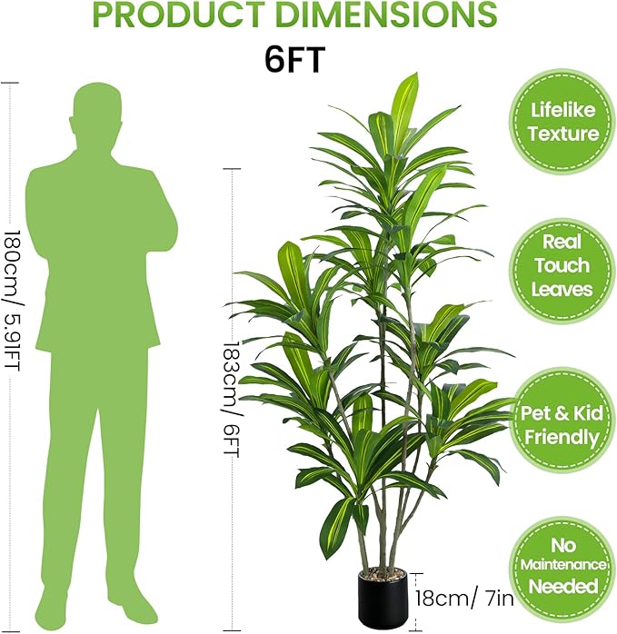 Artificial Dracaena Tree 6FT Tall, Realistic Faux Indoor Floor Plant for Home & Office Decor, Black Round Planter with Decorative Stones – UPBUD