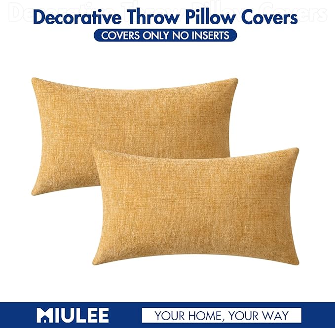 MIULEE Pack of 2 Couch Throw Pillow Covers 12x20 Inch Soft Beige Yellow Chenille Pillow Covers for Sofa Living Room Solid Dyed Pillow Cases