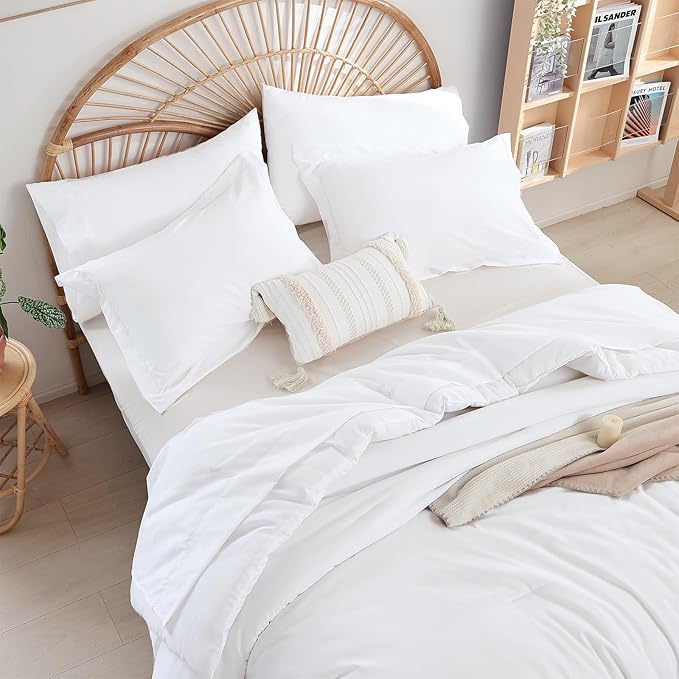 weigelia Full Size Comforter Set 7 Pieces White Comforter Full Size for Women and Men Microfiber Fluffy Comforter Set Full Comforter Set with Sheets and Pillow Shams Ultra Soft Lightweight All Season