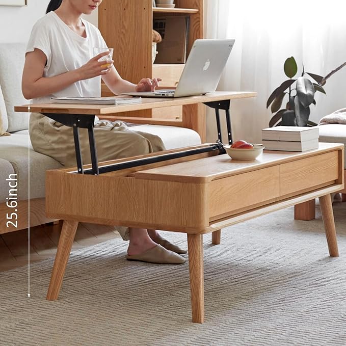 Lift Top Coffee Table, 100% Solid Oak Wood Log Color Coffee Table with Drawers and Hidden Compartments, Rectangular Coffee Tables with Storage for Living Room Home Decor (49.27" L)