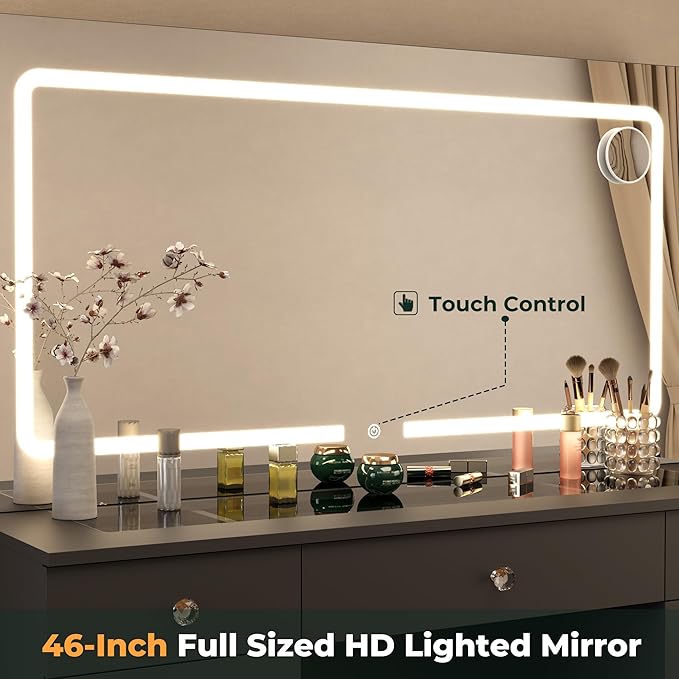 Vanity Mirror with Lights, Black Vanity with Lighted Mirror, 11 Drawers Makeup Vanity Desk with 3 Lighting Modes Adjustable Brightness, Vanity with Glass Top for Bedroom