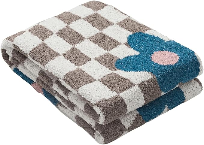 YIRUIO Throw Blankets Checkerboard Grid Chessboard Gingham Warmer Comfort Reversible Shaggy Cozy Decor for Home Bed Couch (Blue Floral, 51''x63'')