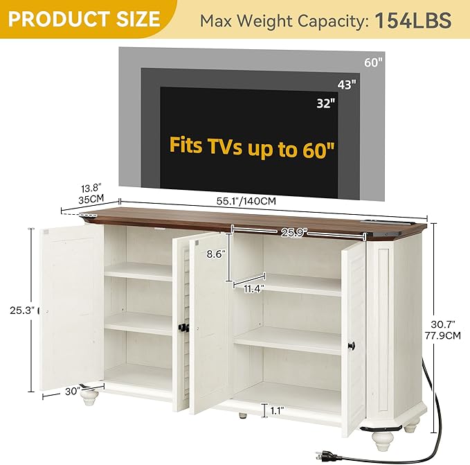 DWVO Farmhouse TV Stand for 60 Inch Television, 30.7" Tall Entertainment Center w/Adjustable Shelves, Wood 4 Shutter-Doors Buffet Sideboard Cabinet, Rustic Media Console Cabinet for Living Room, White