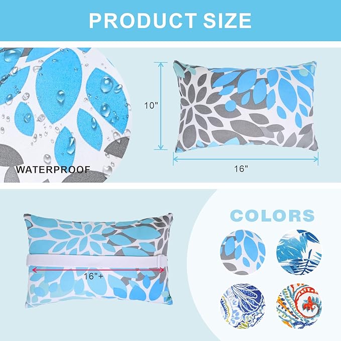JMGBird Outdoor Pillow for Chaise Lounge Chair Set of 2 Waterproof Headrest Pillow Lumbar Pillows with Insert & Adjustable Elastic Strap for Beach Poolside Patio Office, 10x16 Inch