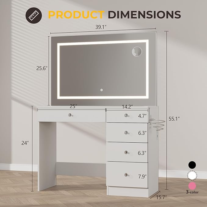 39" Vanity Desk with Mirror and Lights, 5 Drawers Makeup Vanity Desk with Tempered Glass top, 3 Lighting Modes Adjustable Brightness, White Vanity with Magnetic 5X Magnifier for Bedroom