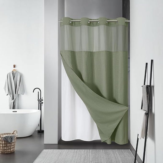 Stall SageGreen No Hook Waffle Weave Shower Curtain with snap-in Liner Replacement, 230GSM Waterproof Fabric Hotel Shower Curtain Set for Bathroom, Through Mesh Top Window,54Wx80H
