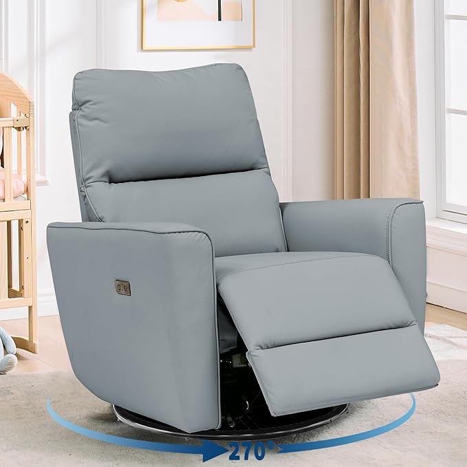 GarveeHome Power Recliner Chair Swivel Glider Upholstered Faux Leather Nursery Rocker Reclining Sofa Chair with Charging Port, Curved Armrests & Padded Backrest (Light Gray)