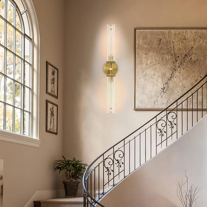 Brass Hardwired Wall Sconces, 30" Bathroom Wall Sconce, Gold Wall Sconce Double Lights , 30" Knurled Linear Wall Light, Sconces Wall Lighting Glass, Vanity Light for Bathroom, Living Room, Bedroom