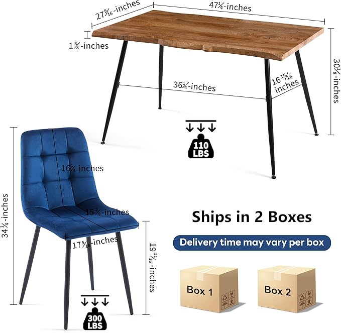 NORDICANA 5-Piece Dining Table Set, 47 in Modern Irregular Rectangle Kitchen Table & 4 Navy Blue Velvet Upholstery Side Chairs, Metal Legs, Dining Room Set for 4