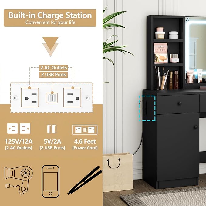 GarveeHome Makeup Vanity Desk with Mirror and Lights, Vanity Table Set with Drawer & Power Outlet ＆ Chair & 3 Shelves, Bedroom, Black