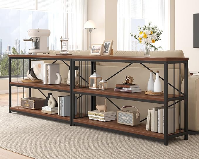 IBF 3-tier Industrial Bookshelf, Wood and Metal Horizontal Shelves Rustic Low Wide Bookcase with Large Open Storage, Farmhouse Simple Display Shelf for Home Office Living Room Kitchen, Walnut, 47 Inch