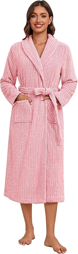 Ekouaer Women's Robe Plush Soft Long Bathrobe Cozy Warm Shawl Collar Spa Robe with Pockets