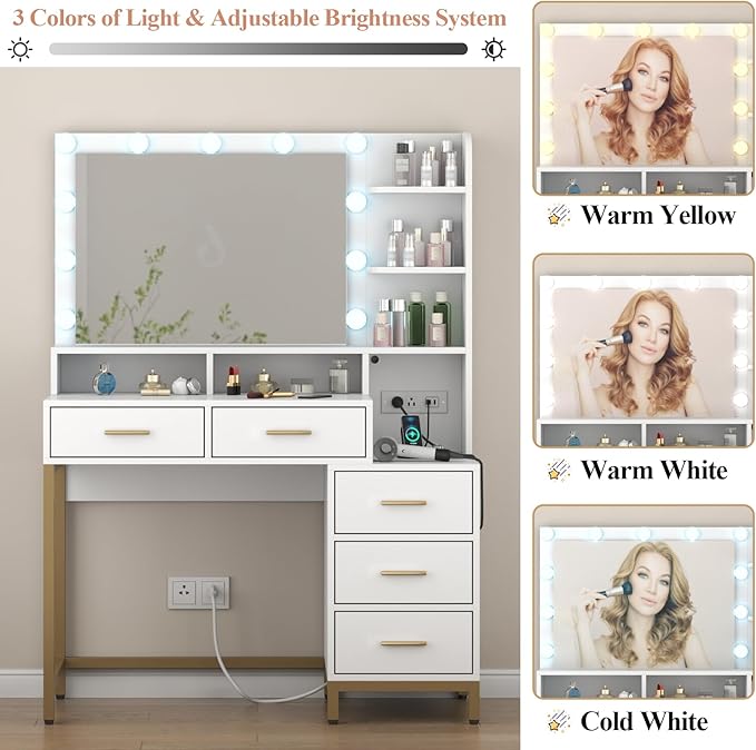 Loomie Vanity Desk with Lighted Mirror & Power Outlet, Makeup Table with 5 Drawers, Two Cubby & Shelf, Vanity Dresser with 11 Lights in 3 Lighting Colors for Bathroom, Bedroom,Makeup Room,White