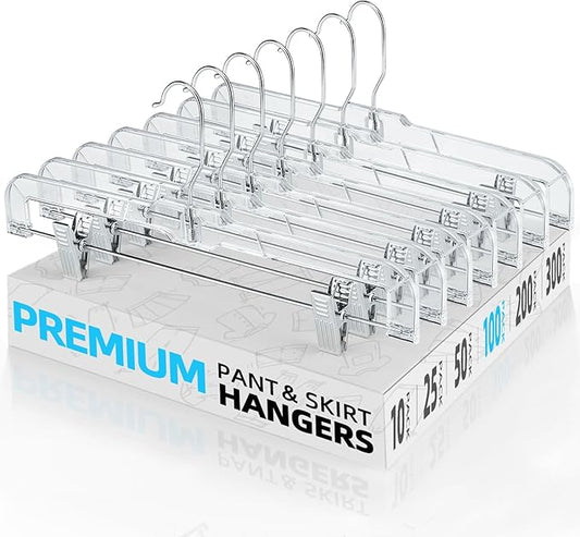 HOUSE DAY Clear Pants Hangers 100 Pack, Non-Slip Plastic Skirt Hanger with 2 Adjustable Clips, Heavy Duty Clip Hangers for Pants, Skirts, Shorts, 14" Clear Hanger, 360-Rotating Swivel Hook