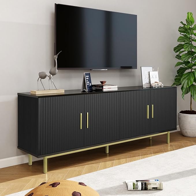MUUEGM Modern TV Stand for Televisions up to 80 Inch, Entertainment Center with Storage, Cabinet with Fluted Door and Adjustable Shelf, Console Table and Media Furniture for Living Room, Black
