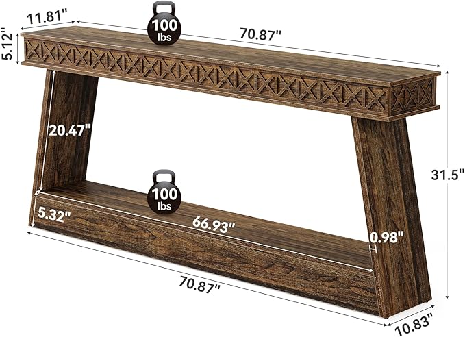 LITTLE TREE 70.87" Long Farmhouse Console Table, 2-Tier Shelf Narrow Accent Entryway Sofa Table for Living Room, Behind Couch, Hallway - Dark Brown