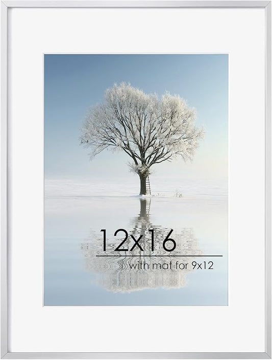 12x16 Metal Picture Frame For Wall With Mat For 9x12, 12''x16'' Aluminum Certificate Document Frames With Tempered Glass, Minimalist Modern Poster Frame Horizontally And Vertically, Silver